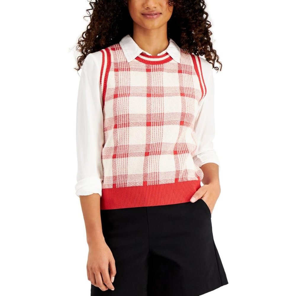 Marella Women's Acacia Plaid Ribbed Trim Sweater Vest- Red/White, MED